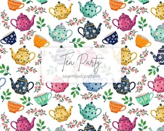 Colorful Tea Party Seamless Pattern | Teapot and Teacup Digital Paper (PNG & JPG)