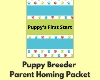 Könnte beinhalten: Ein bedruckbares Dokument mit blauen und grünen Streifen, Pfotenabdrücken und dem Text "Puppy's First Start Puppy Breeder Parent Homing Packet".