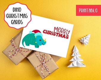 Dinosaur Christmas Card Printable, Holiday Sationary Cards, Dino