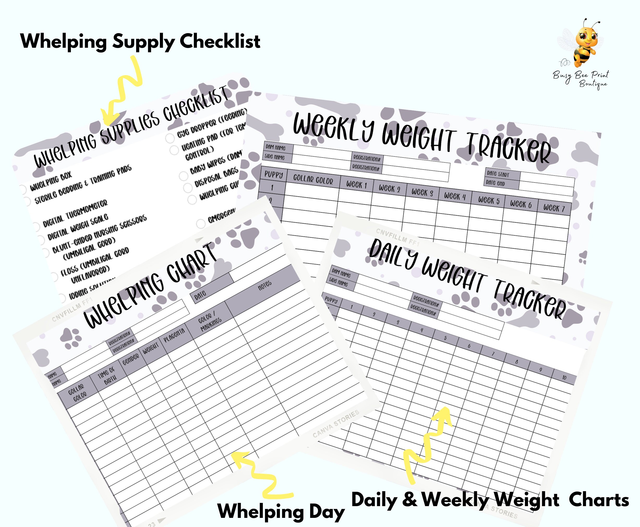 Puppy Breeder Whelping Litter Printable - Charts and Trackers Grayscale - Etsy