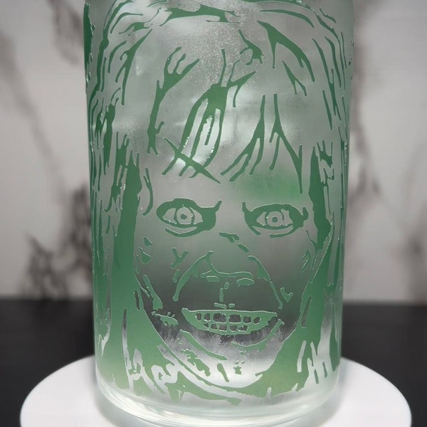 Exorcist Regan color changing permanent vinyl on a libbey beer can glass