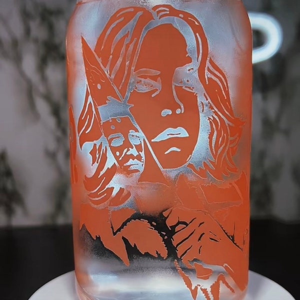 Laurie Strode color changing orange permanent vinyl on libbey beer can glass