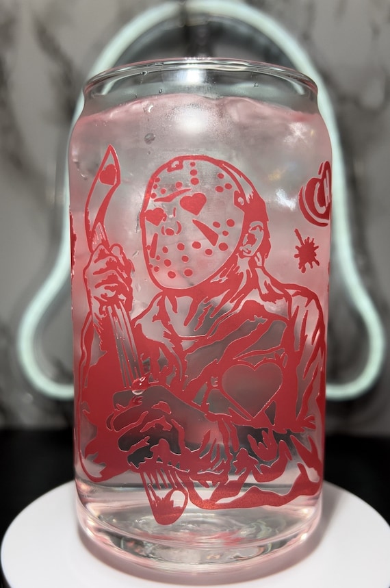 Valentines Day Friday the 13th Jason Voorhees Color Changing Red Permanent  Vinyl on a Libbey Beer Can Glass. 