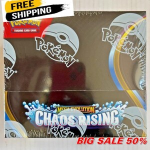 May include: Sealed box of Pokémon trading cards. The box is brown with white Pokémon logos and the text "Pokémon Trading Card Game." The bottom of the box features the text "Mega Evolution Chaos Rising Pokémon."