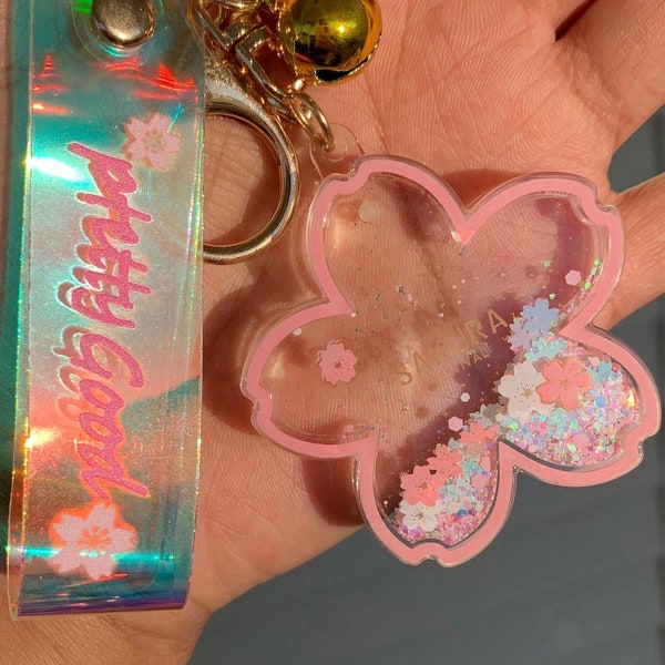 Cherry Blossom Liquid Keychain (Moving Glitter) | with Keychain, Lanyard Clip, Bell & Optional Tag