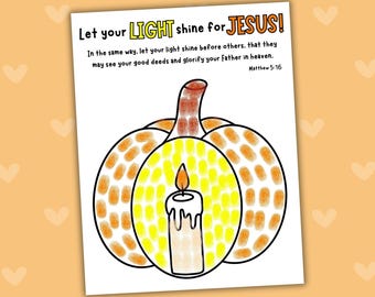 Fall Pumpkin Bible Verse Fingerprint Craft, Let your Light Shine For Jesus Printable, Sunday School Preschool Classroom Torn Paper Activity