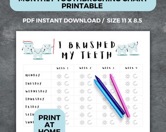 Tooth Brushing Chart Printable: Kids Responsibility Tracker (PDF)