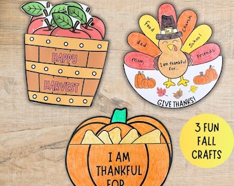 Thanksgiving Pumpkin Turkey Apple Basket Craft Bundle, Give Thanks Fall Gratitude Coloring Activity Printables For Kids, Sunday School Craft