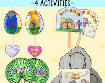 Easter Holy Week Bible Craft Activity Bundle, Palm Sunday Fan, He is Risen Fan, Jesus Resurrection Christian Folding Surprise Coloring Pages