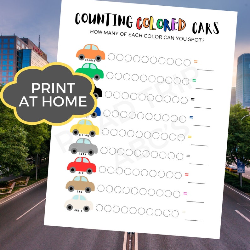 Road Trip Activity Sheet for Kids, Count Car Colors Printable Game for ...