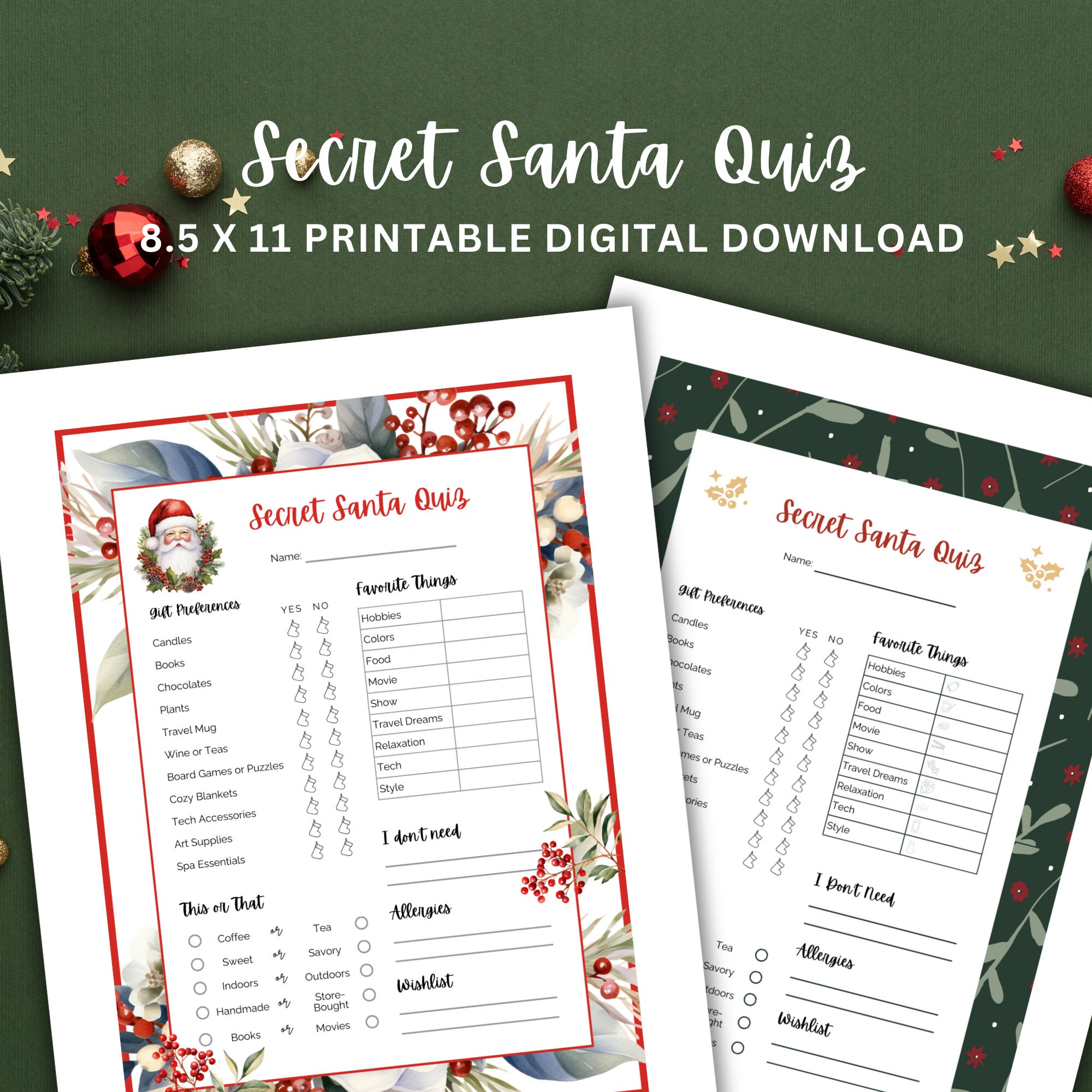 Secret Santa Questionaire Printable, Holiday Party Gift Exchange Form