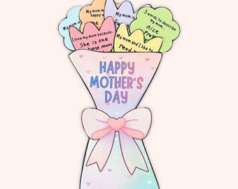 Mother's Day Flower Bouquet Writing Craft Activity For Kids, DIY Keepsake Gift for Mom Grandma, Coloring Card Cut and Paste Printable