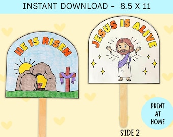 Easter He is Risen Activity Craft Fan, Jesus Resurrection Sunday School Bible Printable, Childrens Church Holy Week Christian Coloring Pages