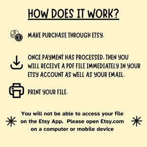 May include: A cream-colored graphic with the text "HOW DOES IT WORK?" and instructions for purchasing and downloading a PDF file from Etsy. The steps include making a purchase, receiving the file, and printing it. The text also notes that the file cannot be accessed on the Etsy App.