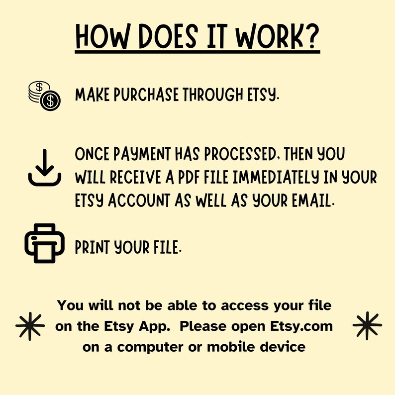 May include: A cream-colored graphic with the text "HOW DOES IT WORK?" and instructions for purchasing and downloading a PDF file from Etsy. The steps include making a purchase, receiving the file, and printing it. The text also notes that the file cannot be accessed on the Etsy App.