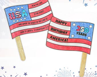 4th of July USA Flag Bible Craft Activity, 250 Years Patriotic Parade Waver Fan, Sunday School Church Kids American Flag Craft