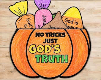 May include: A paper craft pumpkin coloured in orange with black text that reads NO TRICKS JUST GOD'S TRUTH. The pumpkin is filled with paper cutouts of sweets including a yellow-topped candy corn, a pink sweet, and a brown chocolate drop.