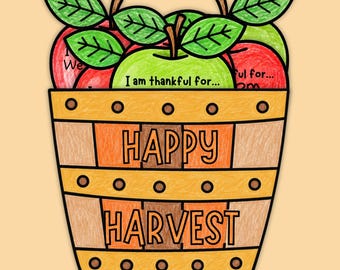 Op de afbeelding: Een handgetekende illustratie van een houten mand gevuld met rode en groene appels. De mand bevat de tekst HAPPY HARVEST. De centrale groene appel toont de tekst I am thankful for, terwijl andere appels gedeeltelijke tekst weergeven.