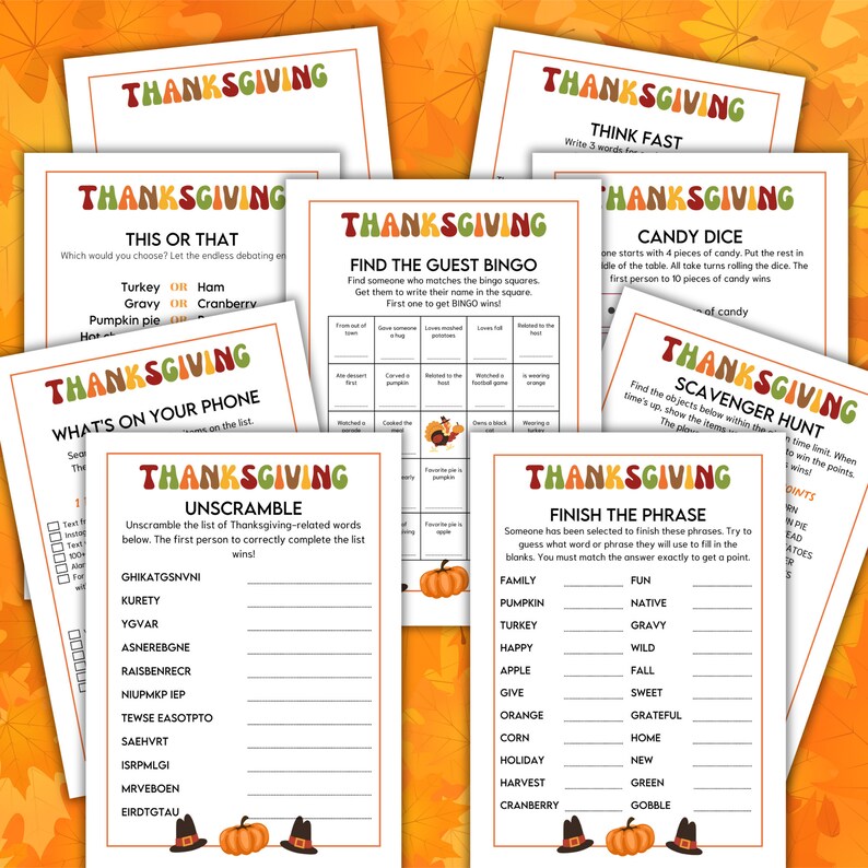 Thanksgiving Printable Games, Family Game Night, Dinner Table Games