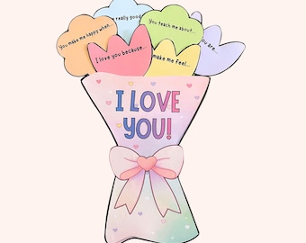I Love You Flower Bouquet Writing Craft Activity For Kids, DIY Keepsake Gift for Mom Grandma Auntie, Coloring Card Cut and Paste Printable