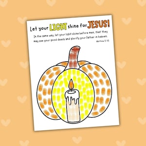 May include: A printable activity sheet featuring a pumpkin outline filled with orange fingerprint art and a central yellow fingerprint area containing a candle illustration. The text reads: Let your LIGHT shine for JESUS! Matthew 5:16.