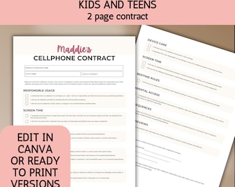 Kid/Teen Cell Phone Contract: Editable Canva Template (Digital Download)