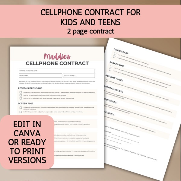 Cell Phone Contract Printable Digital Download, Editable Kid/Teen Cell Phone Contract Custom Canva Template, Cell Phone Agreement for Tween