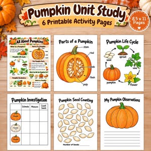 Puede incluir: Un conjunto de seis páginas de actividades imprimibles tituladas Pumpkin Unit Study, que miden 8,5 por 11 pulgadas. Las páginas incluyen ilustraciones educativas sobre el ciclo de vida, partes de la calabaza, conteo de semillas y hojas de observación.