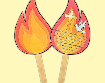 Pentacost Holy Spirit Flame Fan Craft, Acts 2 Sunday School  Bible Activity, Preschool Kids Church Coloring Wand Printable, Low Prep Lesson