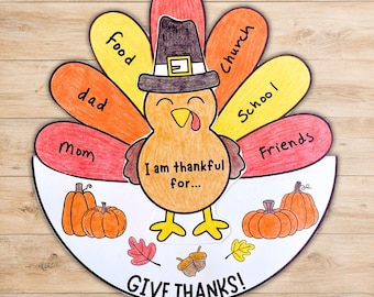 May include: A paper craft turkey wearing a black pilgrim hat with a yellow buckle. The turkey has colorful feathers labeled with the words food, dad, mom, church, school, and friends. The turkey body says I am thankful for and GIVE THANKS!