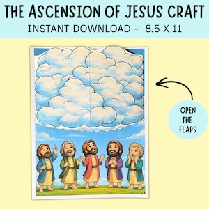 Pagina da colorare dell'Ascensione di Gesù al Cielo, attività biblica creativa, attività a sorpresa pieghevole per il giorno dell'Ascensione, Atti 1, materiale stampabile per la scuola domenicale a casa.