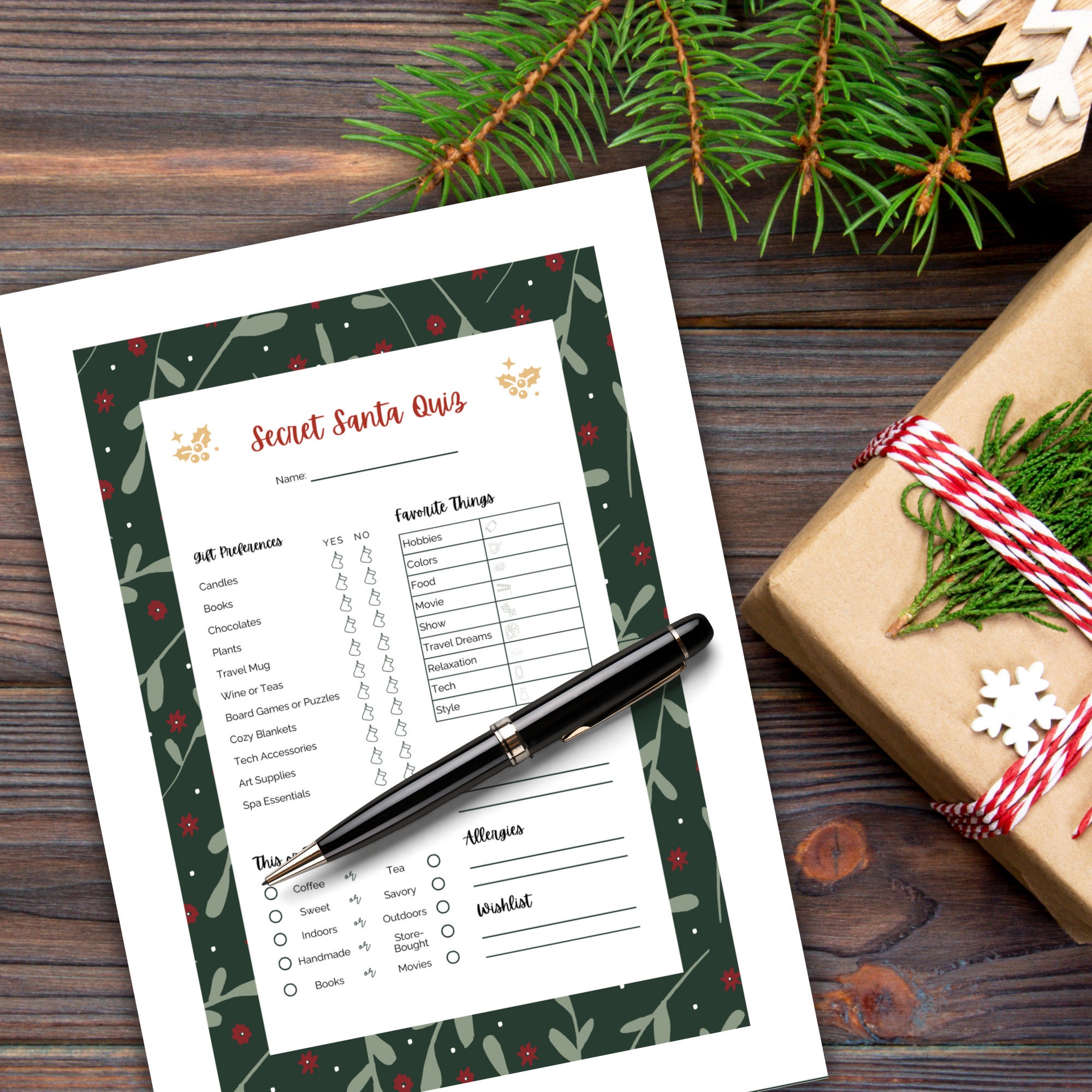 Secret Santa Questionaire Printable, Holiday Party Gift Exchange Form