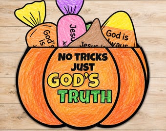 Christian Halloween Bible Craft, No Tricks Just God’s Truth Pumpkin Cut and Paste Craft, Sunday School Fall Activity, Kids Bible Printable