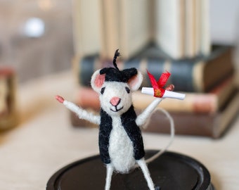 Graduation Mouse Handmade Needle Felted Organic Wool Gift, Cute Graduate Figurine with Certificate, Perfect Graduation Present 10cm