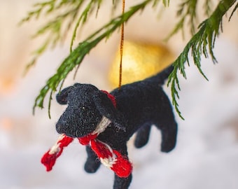Black Lab Ornament Handmade Needle Felted Black Labrador in Festive Striped Scarf Christmas Decoration Gift with Organic Cotton Bag