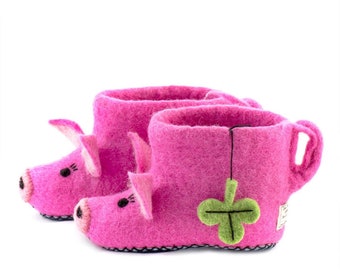 Pantuflas de cerdo Percy para niños Pantuflas de cerdo para niños hechas a  mano de fieltro orgánico rosa con suelas de gamuza antideslizantes y parte