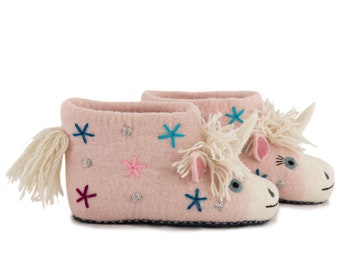 Celeste the Unicorn Slippers Pink Felted Wool With Hand
