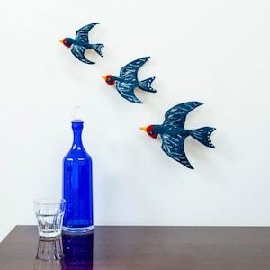 Flying Swallow Trio - Felted Bird Trio - Handmade Blue & Red Wool Birds, 1950s Vintage Style Home Decor Set of 3