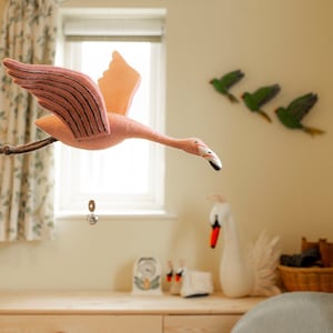 Flapping Flamingo Mobile - Handcrafted Flapping Nursery Decor with Organic Wool, Eco-Friendly Baby Shower Gift, Hanging Flamingo Plush