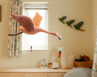Flapping Flamingo Mobile - Handcrafted Flapping Nursery Decor with Organic Wool, Eco-Friendly Baby Shower Gift, Hanging Flamingo Plush