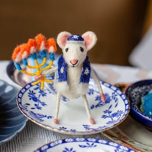 Wool Mouse Ornament with Colourful Menorah, Organic Hanukkah Decor, 10cm