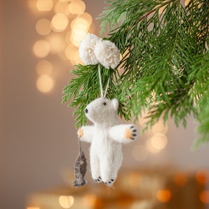 Peter Polar Bear - Festive Decor - Polar Bear Ornament Hand Felted Wool Christmas Hanging Pom Pom Fish Gift