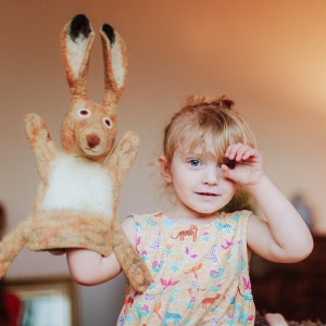 Hartley Hare Hand Puppet with Long Ears & Big Hazel Eyes, Hand Felted Organic Wool, Imaginative Play Toy in Cotton Drawstring Bag