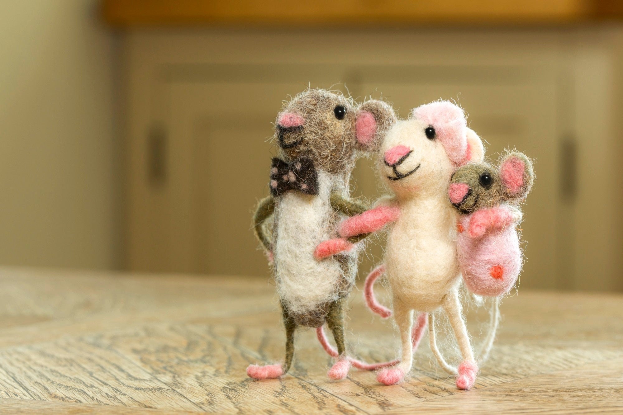 Mummy and Daddy Mice Carrying Baby Girl - Cute Mum Gift -  Handmade Mother’s Day, Shower & New Baby Keepsake, Adorable Wool Animal Art,