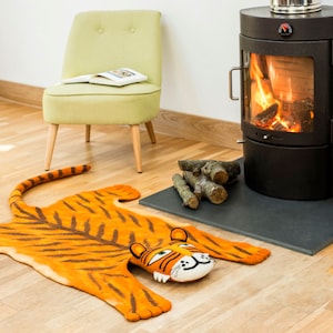 Raj the Tiger Rug - Animal Rug - Handmade Tiger Wool Playroom Nursery Decor Organic Felted 145cm Soft Toy Mat