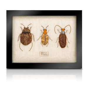 Beaded Trio of beaded Beetles beasties - Handcrafted Glass Bead & Sequin Insect Display in Box Frame, Cabinet of Curiosities Decor