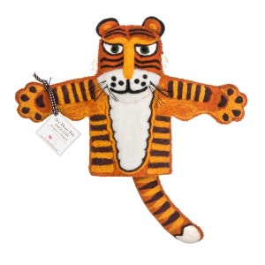 Raj the Tiger Hand Puppet - Handmade Organic Felt with Long Stripy Tail & Needle Felted Details for Puppet Theatre Play