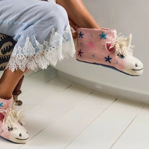 Celeste the Unicorn Slippers Pink Felted Wool with Hand Embroidered Flowers & Silver Thread Knots, Organic Cotton Bag, Anti-Slip Soles