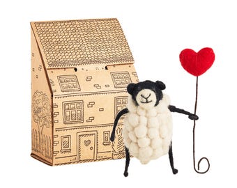 Sheply Sheep with Heart Balloon - Needle Felt Sheep with gift box & Red Heart Balloon