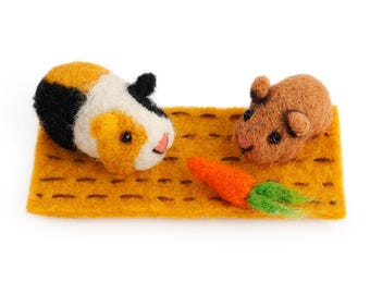 NEW Patch & Baby Squeak Guinea Pig Set - Needle Felted Pig - ith Soft Patterned Fur Baby Guinea, Handcrafted Wool Sculpture, Cute Anima